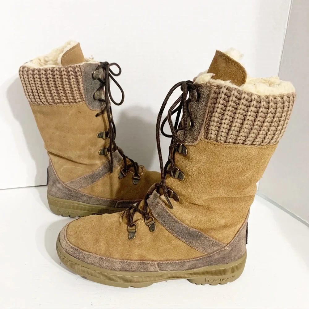 BEARPAW Serena Suede Boots Size 6 Lace-Up Wool Blend Lining, Knit Collar 1813W